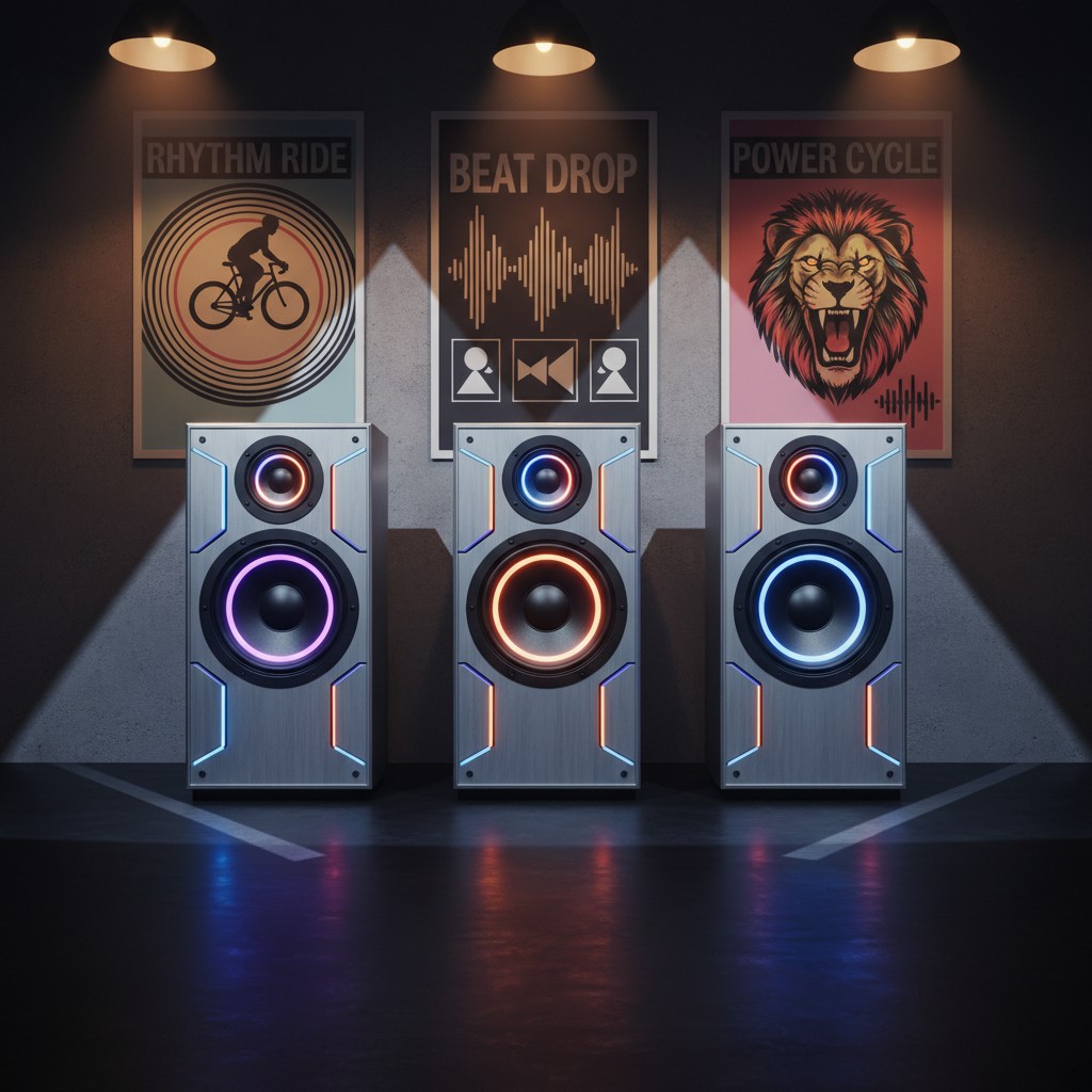 en-GB The image depicts a pair of speakers illuminated by spotlights, showcasing various styles in big old-style posters b...