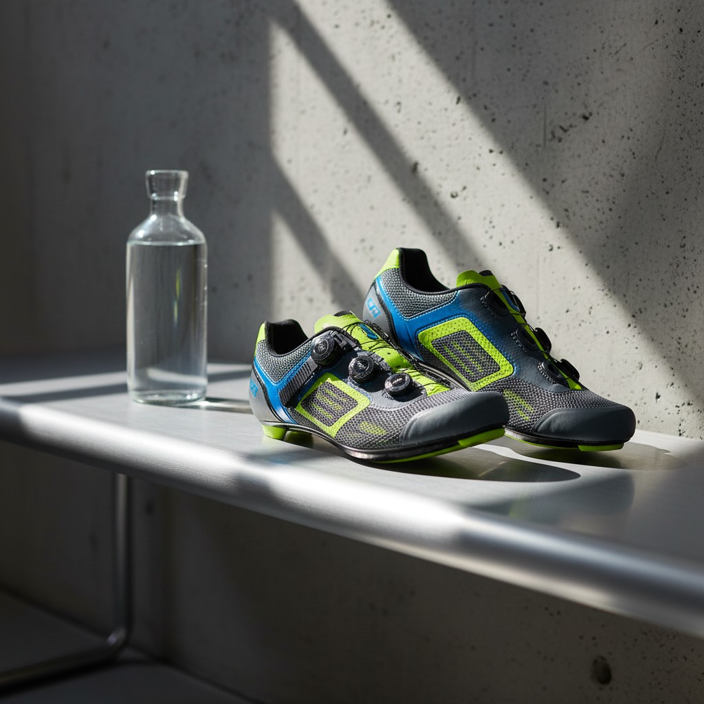 Es liegen Fahrschuhe vor einem Glas Wasser. English: There are shoes meant for cycling next to a water glass.